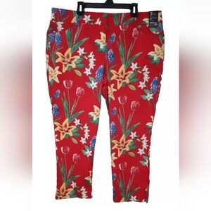 New York & Co Womens Size 12 Crop Straight Leg Pants Red Floral Cropped NWT